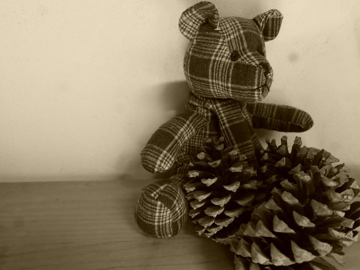 Ourson en tissu et pomme de pin