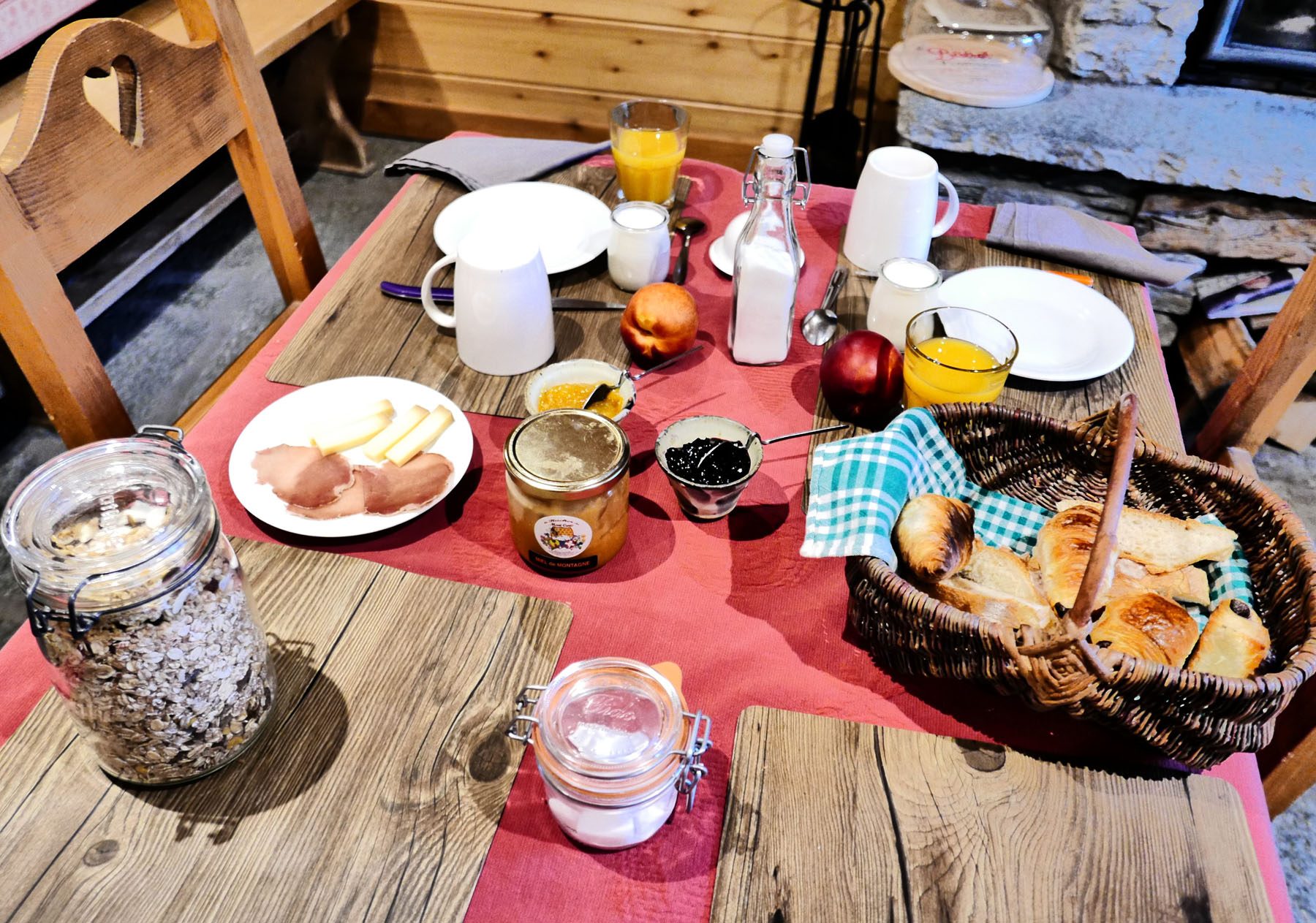 Breakfast served on a wooden table